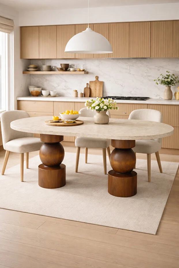 Modern Tasarım Traverten Üstlü Masif Ahşap Torna Ayaklı Yemek Masası 180x80cm